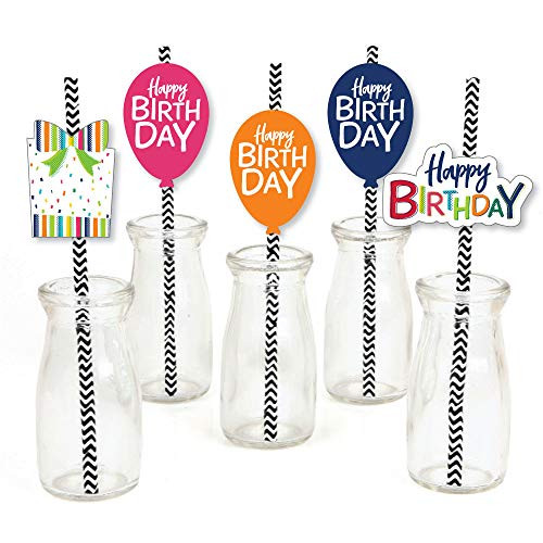 Cheerful Happy Birthday - Paper Straw Decor - Colorful Birthday Party Striped Decorative Straws - Set of 24 Cheerful Happy Birthday - Paper Straw Decor - Colorful Birthday Party Striped Decorative Straws - Set of 24