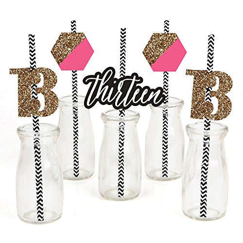 Chic 13th Birthday - Pink, Black and Gold - Paper Straw Decor - Birthday Party Striped Decorative Straws - Set of 24