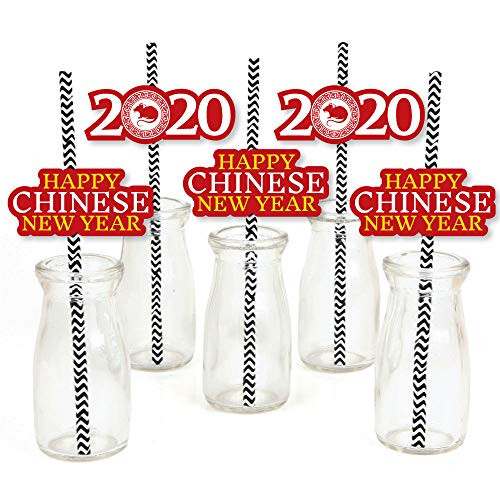 Big Dot of Happiness Chinese New Year - Paper Straw Decor - 2020 Year of the Rat Party Striped Decorative Straws - Set of 24