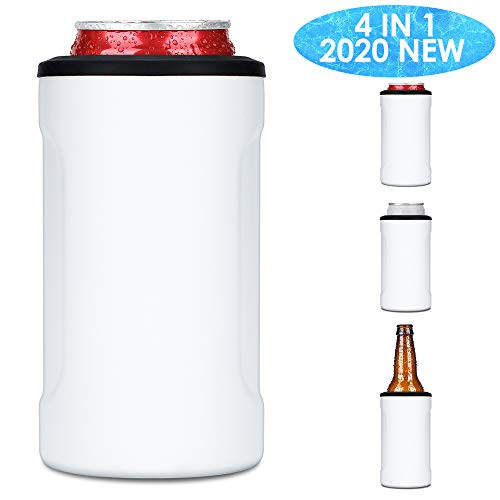 2020 New Slim Can Cooler, 4 in 1 Slim Can Coozie, Insulated Beer Holder, Double-walled Stainless Steel Skinny Can Coozie for 12oz Slim & Short Cans, Beer Bottles & As Drink Cup, White