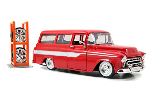1957 Chevrolet Suburban Red with White Stripes and Extra Wheels Just Trucks Series 1/24 Diecast Model Car by Jada 96986