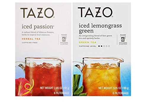 Tazo Iced Tea Pitcher Bag Flavored Teas 2 Flavor Variety Bundle; (1) Tazo Iced Passion Caffeine-Free Herbal Tea, and (1) Tazo Iced Lemongrass Green Tea, 2.85-3.15 Oz. Ea.