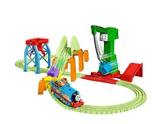 Thomas & Friends Trackmaster Hyper Glow Night Delivery Playset GGL75, Thomas The Tank Engine & Friends, Glowing Track Pieces, Cranky The Crane, Multicoloured
