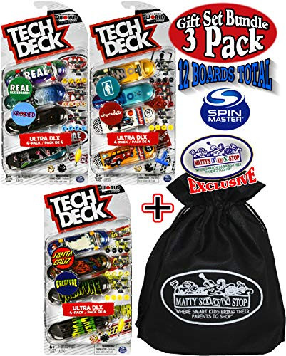 Tech Deck 96mm Fingerboards Ultra DLX 4 Packs...Featuring Santa Cruz/Creature, Real/Krooked & Girl/Chocolate Gift Set Bundle with Bonus Matty's Toy Stop Storage Bag - 3 Pack (12 Boards Total)