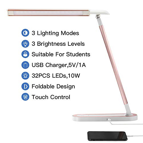 HDTIME Desk LED Lamp with USB Charging Port Touch-Sensitive Control 3 Lighting Modes with 3 Brightness Levels 32PCS LEDs for Study, Office and Home(Pink)
