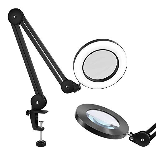 Techold LED Magnifying Desk Lamp, 12W Metal Swing Arm Magnifier Lamp, Stepless Dimming, 3 Color Modes, 5X Magnification, 5" Diameter Glass Lens, Desk Light for Reading/Office/Work(Black)