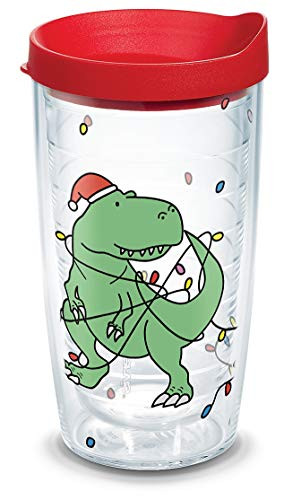 Tervis Christmas Santa T-Rex Wrap with Red Travel Lid 16-Ounce Tumbler, Clear