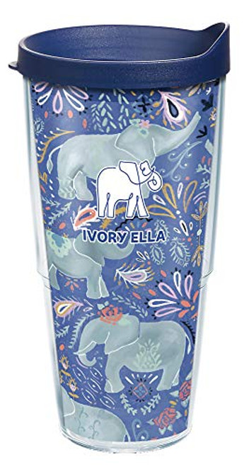 Tervis Ivory Ella - Paisley Elephant Insulated Tumbler with Wrap and Navy Blue Lid, 24oz, Clear