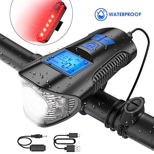 TESECU LED Bike Light USB Rear Bicycle Light Rechargeable Bike Tail Light and Front Light Set Cycle Headlight with Bicycle Speedometer Odometer Fits All Mountain & Road Bike