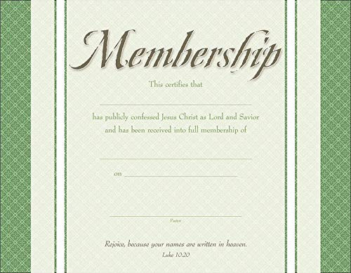 Certificate of Membership - Church Membership - Premium Stock - Green tints - 8.5 x 11 - KJV - (Package of 6)