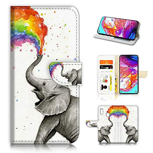 for Samsung Galaxy A50, Designed Flip Wallet Phone Case Cover, A3957 Rainbow Elephant