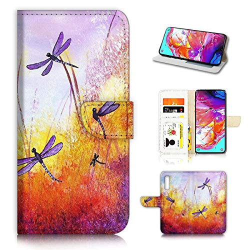 for Samsung Galaxy A50, Designed Flip Wallet Phone Case Cover, A21092 Purple Dragonfly