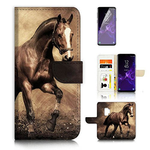 (For Samsung S9+/Galaxy S9 Plus) Flip Wallet Case Cover & Screen Protector Bundle - A8363 Horse