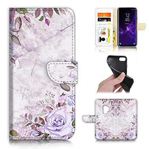 for Samsung S9, Galaxy S9, Designed Flip Wallet Phone Case Cover, A21809 Marble Blue Rose Flower 21809