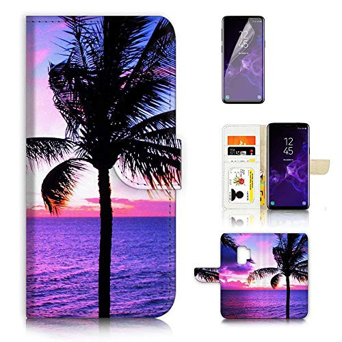 for Samsung S9+, Galaxy S9 Plus, Designed Flip Wallet Phone Case Cover, A21747 Tropical Palm Tree Beach 21747
