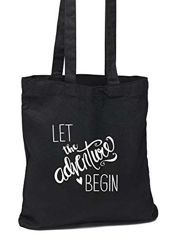 Hortense B. Hewitt Black Tote Bag, 13.25 x 14.25-Inch, Let the Adventure Begin