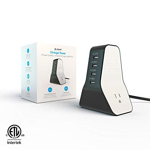 Atomi Charge Tower - Ai Rapid Charge Technology, 4 Smart USB Ports, 2 Power Outlets - Black and White