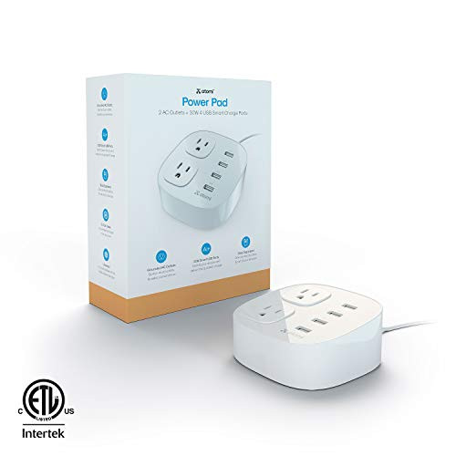 Atomi Power Pad - Desktop Surge Protector, Charging Station, 4 Smart USB Ports, 2 Outlets, Ai Fast-Charge Technology - White