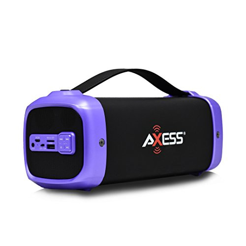 AXESS SPBT1074 Portable Indoor/Outdoor Bluetooth Media Speaker with Built-In FM Radio Rechargeable Battery and Subwoofer Purple