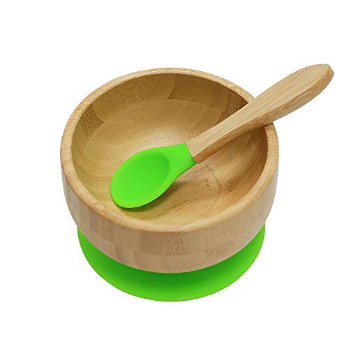 Homevibes Baby Suction Bowl and Spoon Set,Homevibes Baby Suction Bowl and Spoon Set, Silicone & Natural Bamboo Toddler Feeding Training Bowl with 7 Colors (Green)
