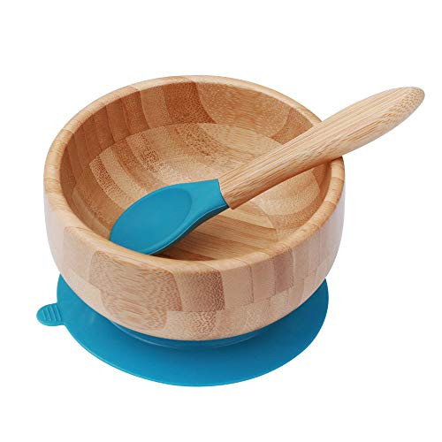 Homevibes Baby Suction Bowl and Spoon Set, Silicone & Natural Bamboo Toddler Feeding Training Bowl with 7 Colors (Blue)