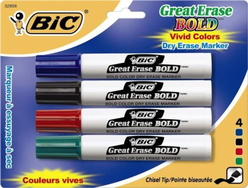 BIC Great Erase BOLD Dry Erase Marker, Tank Style, Chisel Tip, Assorted Colors, 4-Count