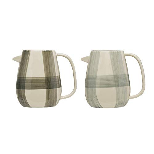 Creative Co-op Hand-Painted Buffalo Check Stoneware Pitcher (Set of 2 Colors) Serveware, Green