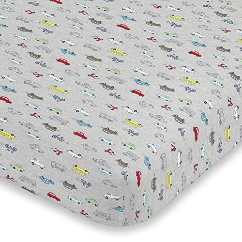 Carter's Busy Cars & Bikes Crib Sheet Super Soft Mini Crib Fitted Sheet, Red, Grey, Yellow, Blue