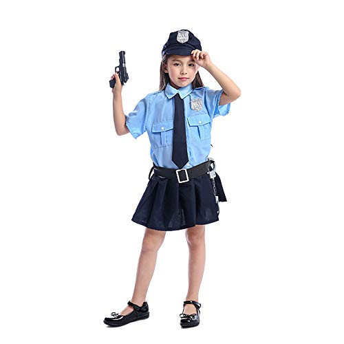 Girls Police Officer Uniform Little Cutie Cop Costume Outfit Kids Halloween Fancy Dress (Blue, M)