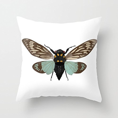 SPXUBZ Cicada Blue and Brown Insect Digital Watercolor Pillow Cover Decorative Home Decor Nice Gift Square Indoor/Outdoor Pillowcase Size: 16x16 Inch(Two Sides)