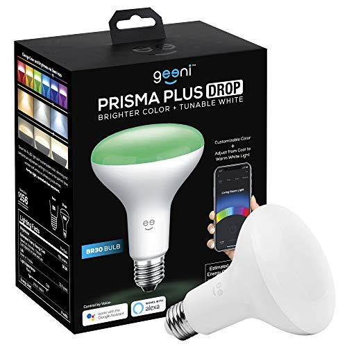 Geeni Prisma Drop 2700K-6500K Tunable and Dimmable BR30 LED Smart Light Bulb, RGBW Wifi Bulb, No Hub Required, Compatible with Alexa and Google Assistant (1 Pack)