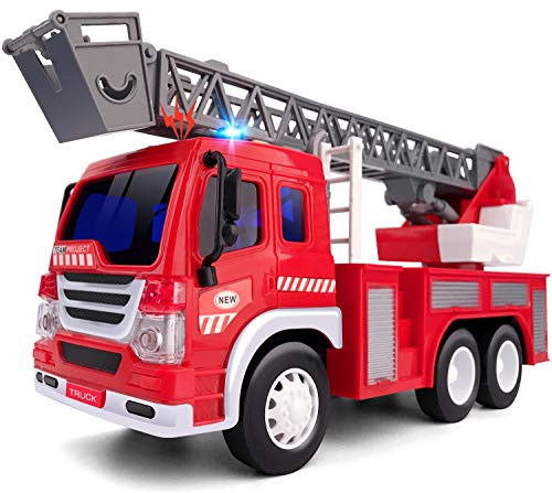 Gizmovine Fire Truck Toy with Lights and Sounds, Extending Rescue Rotating Ladder Pull Back Construction Vehicles Toys Gift for 2, 3, 4, 5, 6 Year Olds Boys, 1:16 Scale