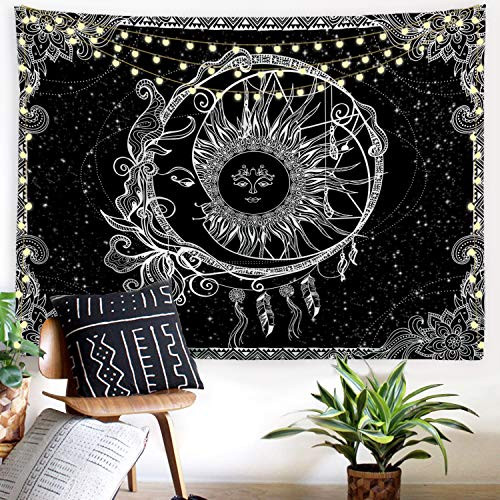 Baccessor Moon and Sun Tapestry Dreamcatcher Tapestry Black and White Tapestry Psychedelic Bohemian Mandala Hippie Celestial Wall Hanging for Bedroom Living Room Dorm College Decor, 60W x 40L inch