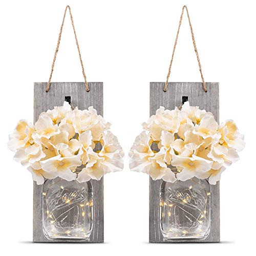 Mason Jar Sconce Rustic Home Wall Decor with LED Fairy Lights - Handcrafted Hanging Mason Jar Sconces 2 Pack (Grey Color)