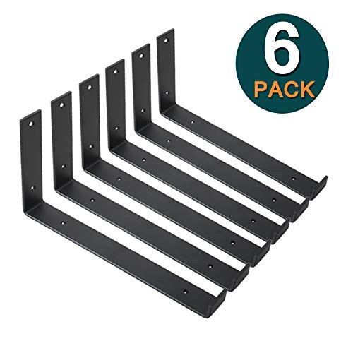 Shelf Brackets 12 Inch 6PCS Heavy Duty Frosted Black Bracket for Shelves Wall Bracket with Lip for Floating Shelves Industrial Rustic Iron Metal Shelf Bracket for DIY Open Shelving Hardware Included