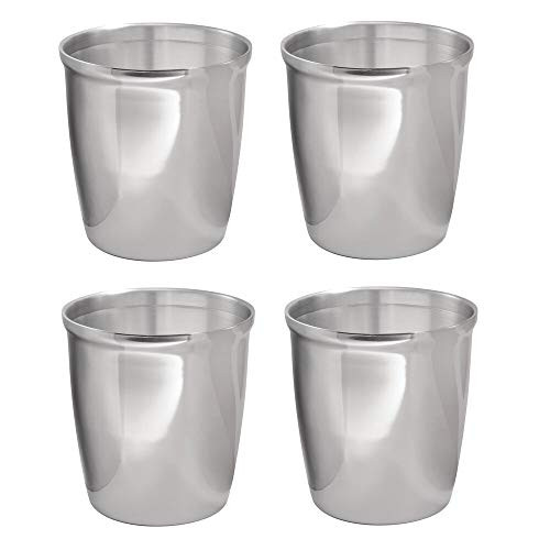 mDesign Small Round Metal Trash Can Wastebasket, Garbage Container Bin for Bathrooms, Powder Rooms, Kitchens, Home Offices - 4 Pack - Polished Stainless Steel