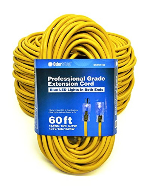 OdorStop OSEC1460-60' Yellow 14/3 SJTW Professional Grade Extension Cord with Blue LED Lights on Both Ends