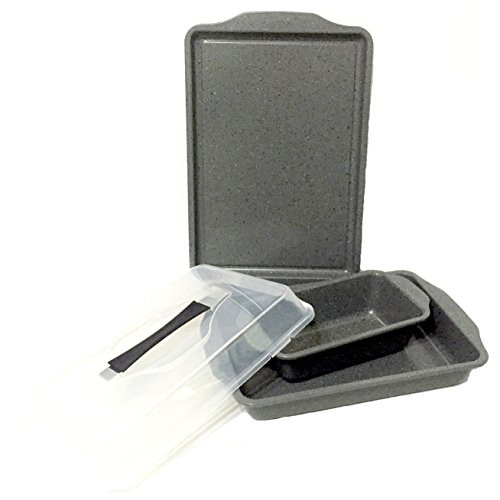Silver Granite Rectangular Cake Pan 9" x 13" with Plastic Lid, Loaf Pan 12" x 6", 10" X 15" Cookie Sheet Set