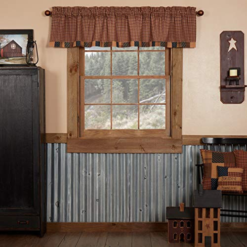 VHC Brands Americana Primitive Kitchen Window Curtains-Patriotic Patch Block Border Valance, Deep Red