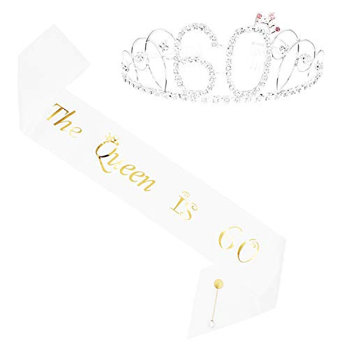 60th Birthday Tiara and Sash, HAPPY 60th Birthday Party Supplies, The Queen is 60 White Glitter Satin Sash and Crystal Tiara Birthday Crown for 60th Birthday Party Supplies and Decorations (SILVER)