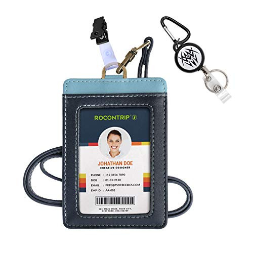 Badge Holder, ROCONTRIP Leather ID Badge Card Holder, RFID Blocking Vertical ID Badge Holder with Neck Lanyard/Strap for Office ID, School ID (Leather) (Dark Blue with Light Blue,Vertical)