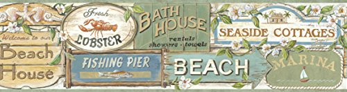 Chesapeake BBC46023B Captain Moss Seaside Signs Portrait Wallpaper Border, Blue