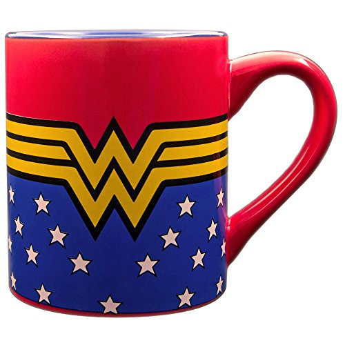 Silver Buffalo WW9032Z DC Comics Wonder Woman Logo Wrap Around with Stars Laser-Printed Ceramic Mug, 14-Ounces,Blue and Red