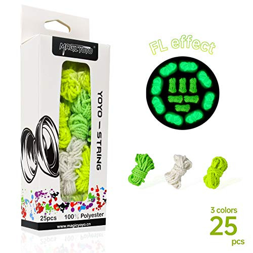 CHEE MONG Magic YOYO Professional Yoyo Strings, Polyester Yoyo Strings Glow in The Dark, String Replacement for Responsive or Non Responsvie YoYo - White, Green, Yellow (Pack of 25)