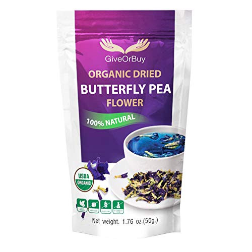GiveOrBuy Butterfly Pea Flower Tea Organic 1.75 oz (50 g) - Vegan Rich Healthy Herbal Blue Tea - Pure Dried Clitoria Ternatea Flowers for Drinks, Food Coloring, Baking