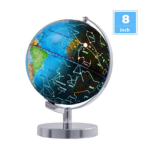 Wizdar 8" LED Illuminated Globe for Kids, 3 in 1 Interactive Educational World Globes with Stand, Blue Ocean Earth Globe with Political Map, Constellation Globe and LED Desk Nightlight