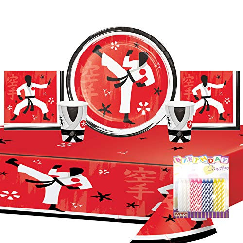 Karate Party Supplies Pack Serves 16: 7" Plates Beverage Napkins Cups and Table Cover with Birthday Candles (Bundle for 16)