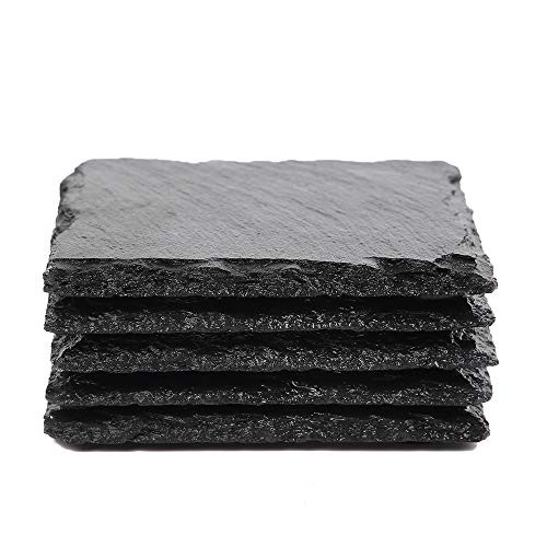ACKEIVTO Slate Stone Drink Coasters - Set of 5 Square Black Natural Edge Stone Drink Coasters for Bar and Home- 4" x 4"