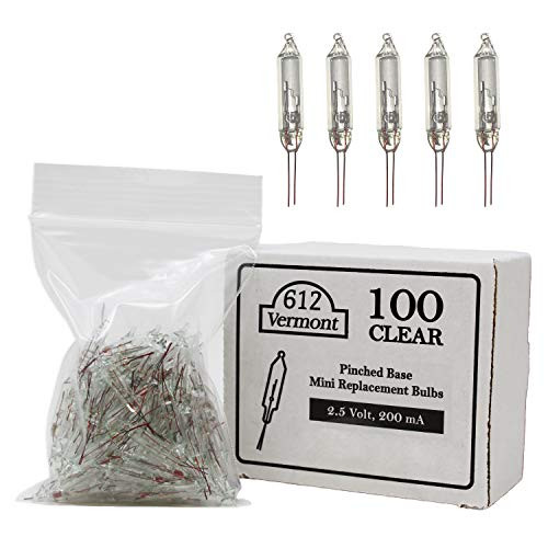 612 Vermont 2.5V Clear Mini Christmas Replacement Bulbs for Christmas Trees and Incandescent String Lights, Pinched Base, 100 Count (0.50 Watt, 200 mA)