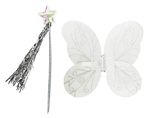 Set of Fairy Wings with Wand! 2 Tone Wings with Glitter Designs! Adorable Wands with Tinsel! (White)